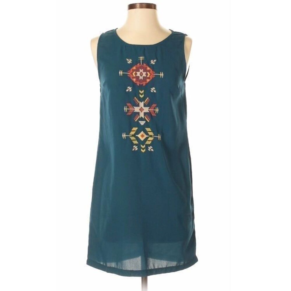 NWOT Ya LA Embroidered Blue A-Line Sheath Pencil Cotton Sleeveless Dress Size S
